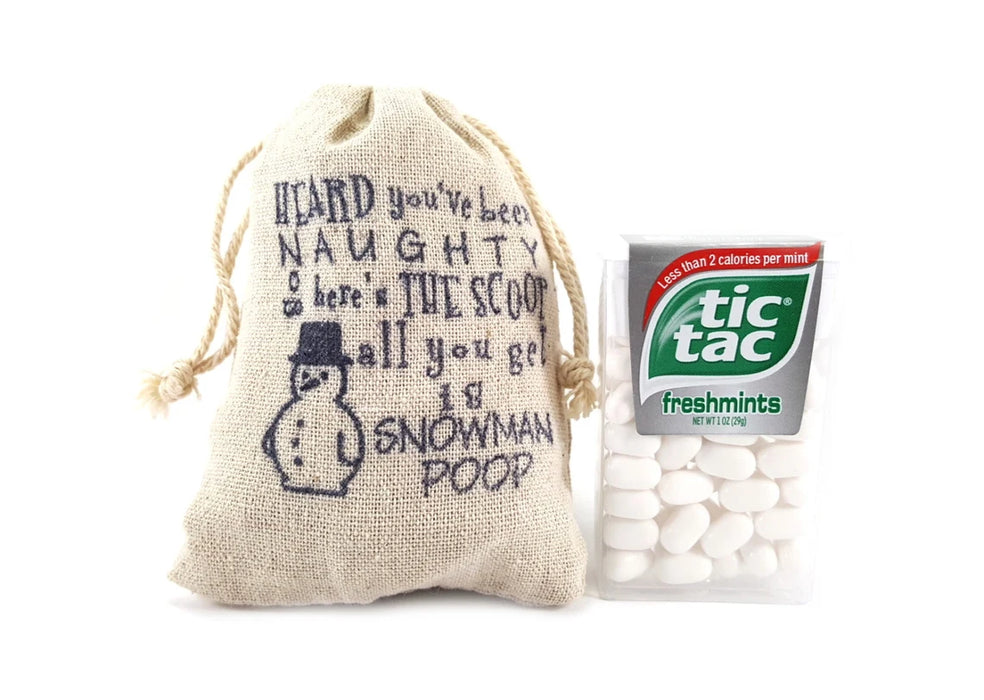 Snowman Poop Stocking Stuffer – Hand Stamped Muslin Bag with White Christmas Candy