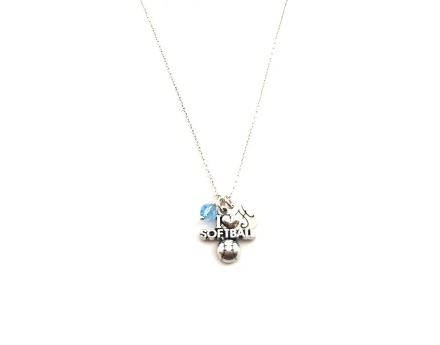 I Heart Softball Charm Necklace - Personalized Sterling Silver Jewelry