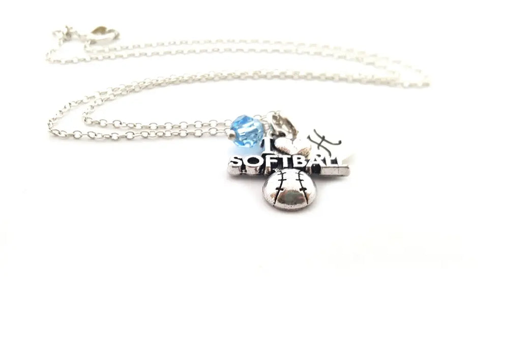 I Heart Softball Charm Necklace - Personalized Sterling Silver Jewelry