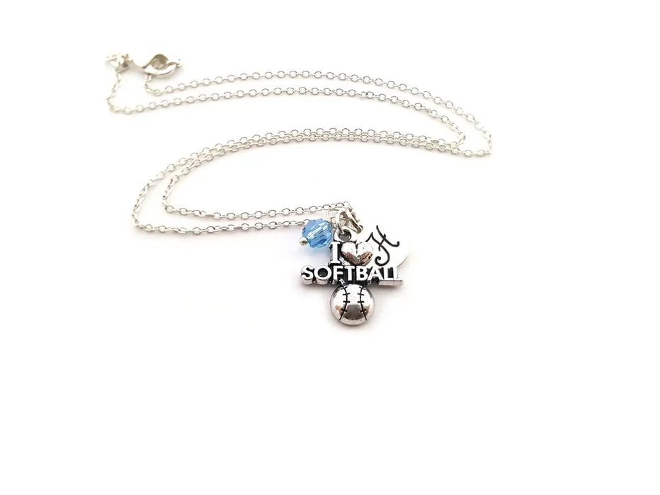 I Heart Softball Charm Necklace - Personalized Sterling Silver Jewelry
