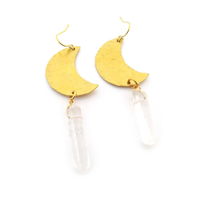 Gold Crescent Moon Crystal Earrings - Drop Earrings - Crystal Earrings