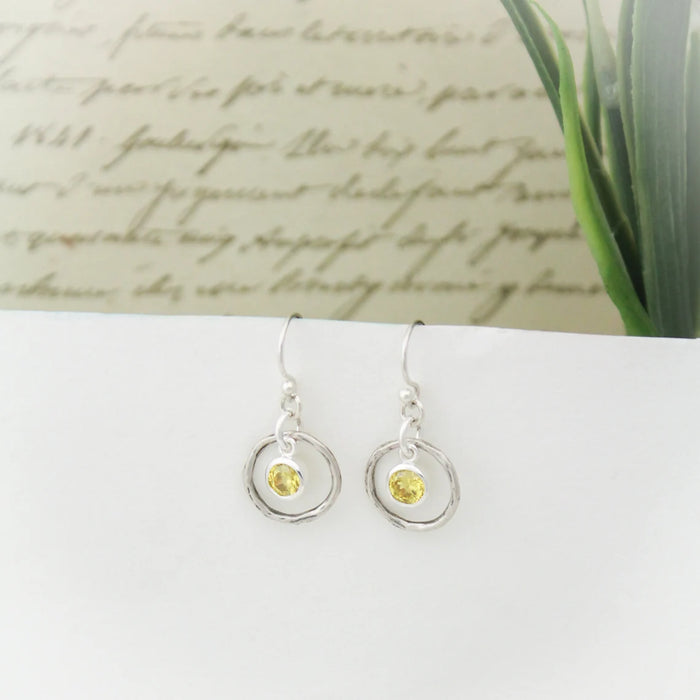 Hammered Orbit Birthstone Earrings – Sterling Silver