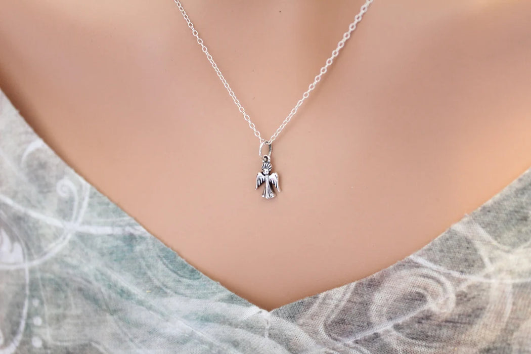 Sterling Silver Guardian Angel Charm Necklace for Girls – Dainty Angel Pendant on 16” Chain