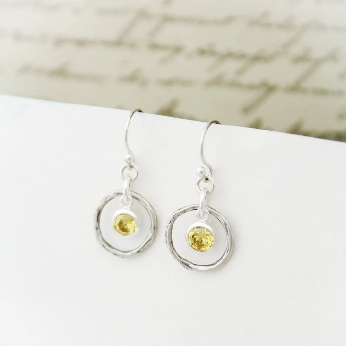 Hammered Orbit Birthstone Earrings – Sterling Silver
