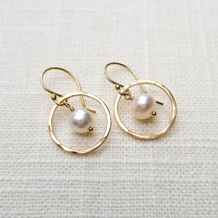 Orbit Pearl Earrings – Hammered Gold Filled Hoops with Freshwater Pearls