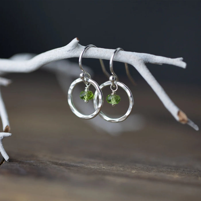 Orbit Peridot Gemstone Earrings – Sterling Silver Hammered Hoops