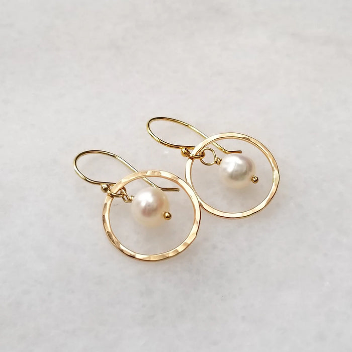 Orbit Pearl Earrings – Hammered Gold Filled Hoops with Freshwater Pearls