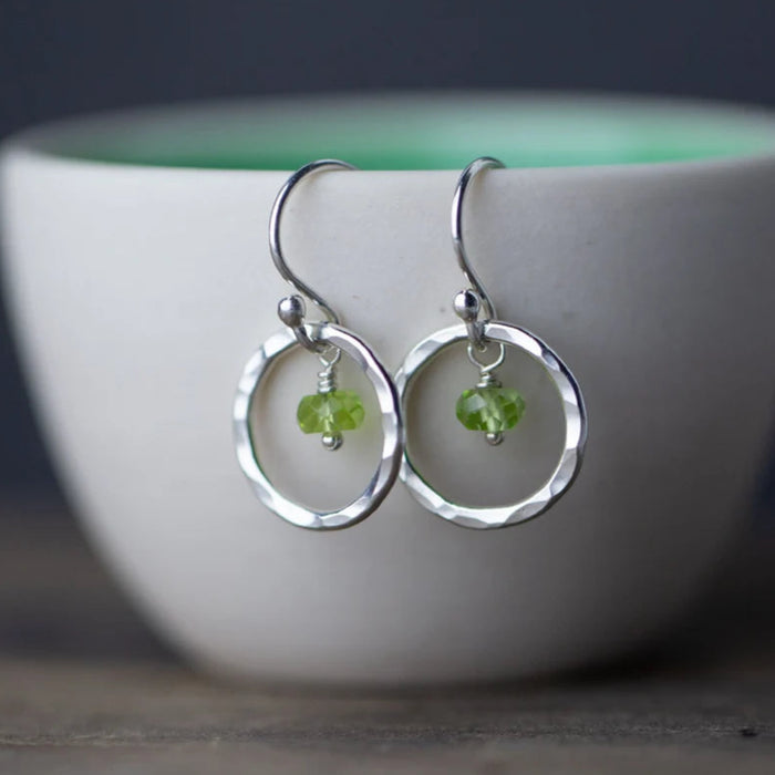 Orbit Peridot Gemstone Earrings – Sterling Silver Hammered Hoops