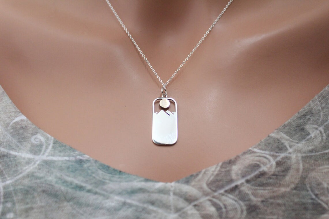 Sterling Silver Moose Necklace – Rectangle Charm with Bronze Sun on 18" Chain