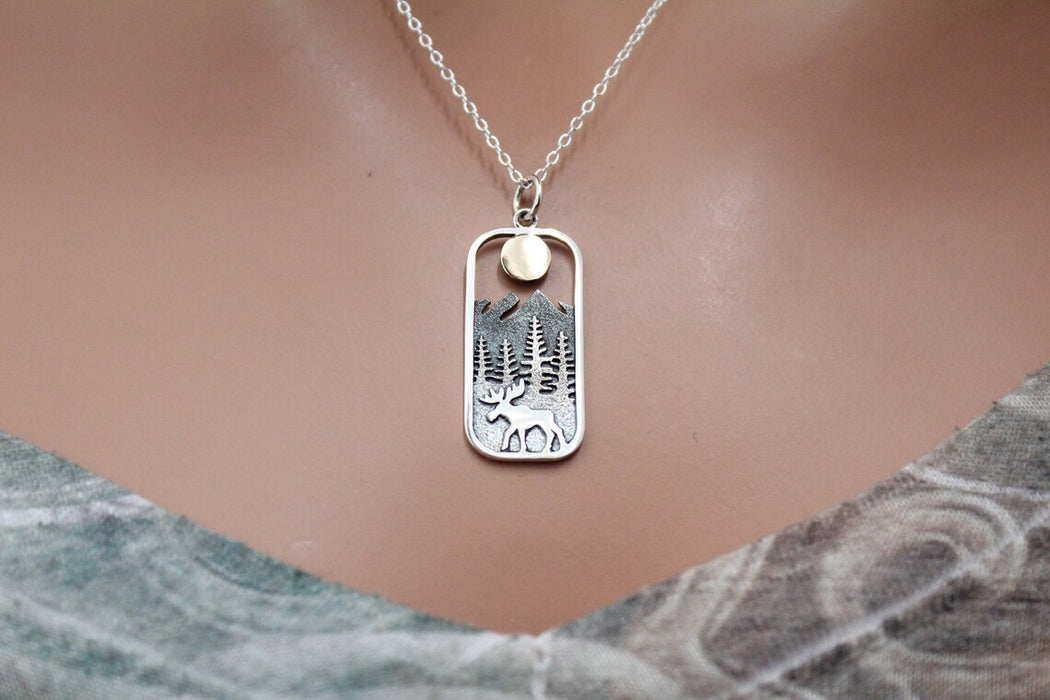Sterling Silver Moose Necklace – Rectangle Charm with Bronze Sun on 18" Chain