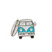 Enamel pin of a vintage van with a surfboard on a white background