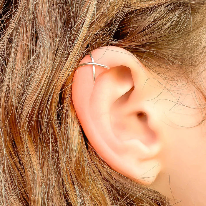 Solid Sterling Silver Criss Cross Ear Cuff – 10mm Minimalist Non-Pierced Conch Wrap