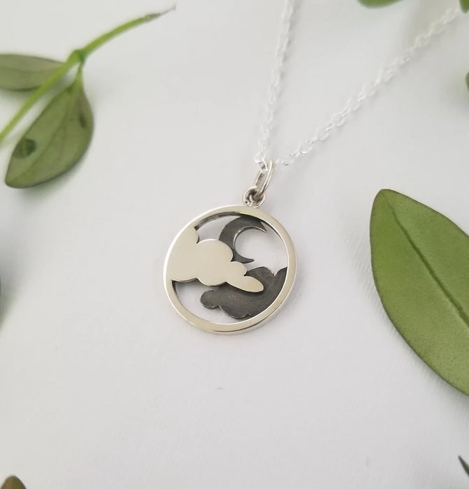 Sterling Silver Night Moon Necklace – Oxidized & Polished Pendant, 18" Chain, Handmade in Raleigh