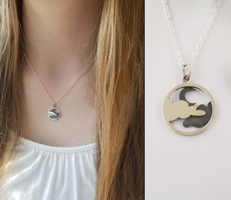 Sterling Silver Night Moon Necklace – Oxidized & Polished Pendant, 18" Chain, Handmade in Raleigh