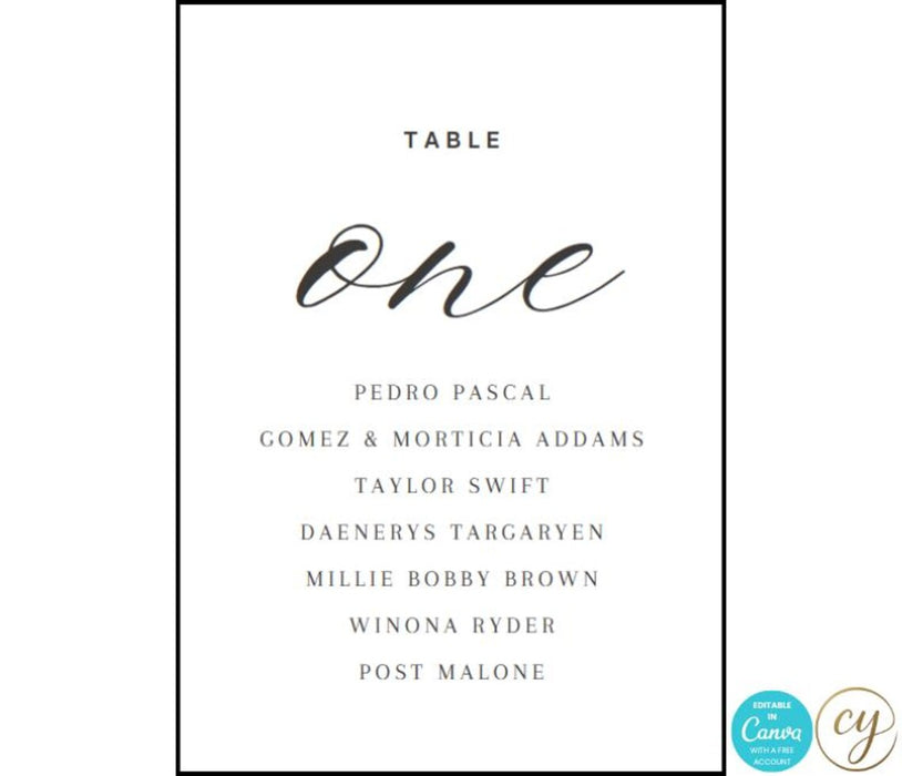 Editable wedding table signs featuring soft floral accents