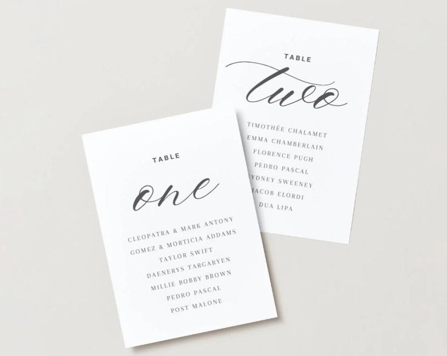 Wedding reception table number cards - printable and customizable