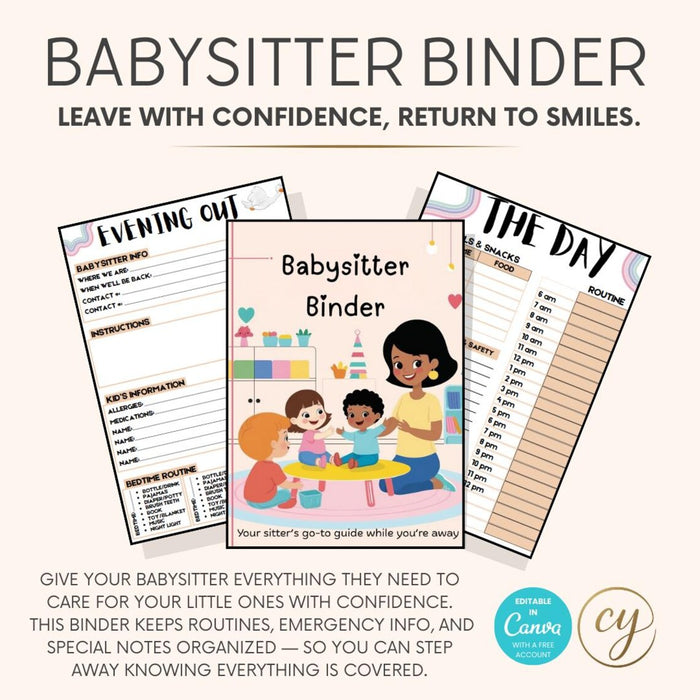 Editable babysitter guide Canva template with emergency contacts and schedules