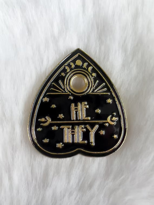 He / They Ouija Planchette Pronoun Enamel Pin – Spooky Pronouns Pin
