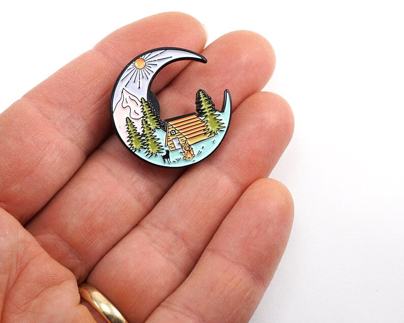 Crescent Moon Cabin Enamel Pin – Mountain Camping Adventure Pin