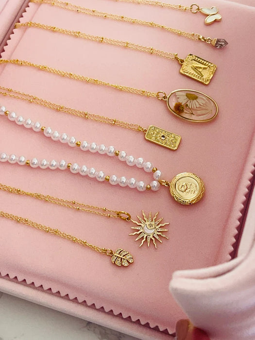 Sun & Moon Necklace — Mother of Pearl Shell Moon, Gold Filled Chain