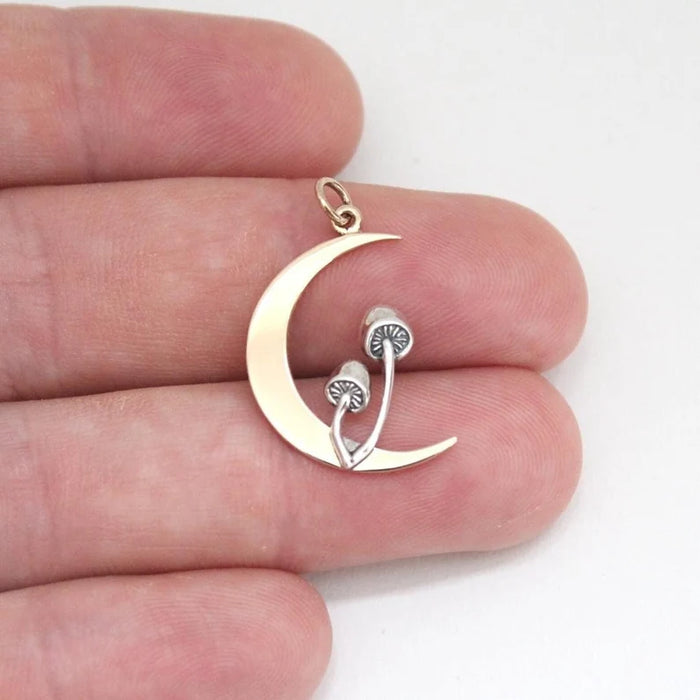 Forager Mushroom Moon Necklace – Sterling Silver & Bronze Pendant, 18" Gold Filled Chain, Handmade in Raleigh