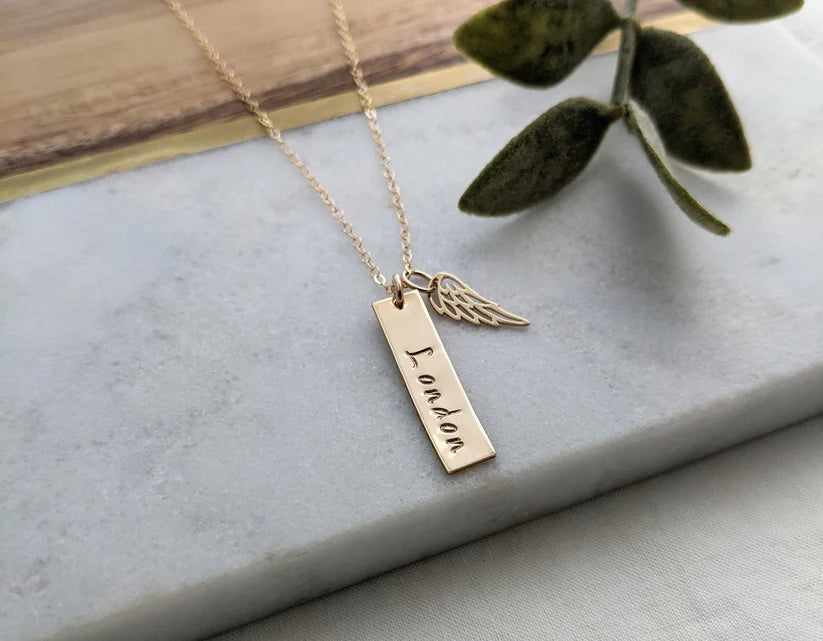 Personalized Angel Wing Memorial Bar Necklace