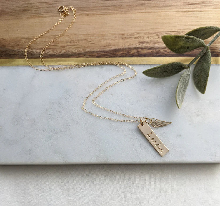 Personalized Angel Wing Memorial Bar Necklace