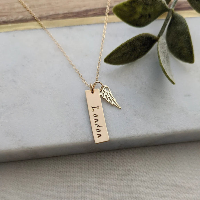 Personalized Angel Wing Memorial Bar Necklace