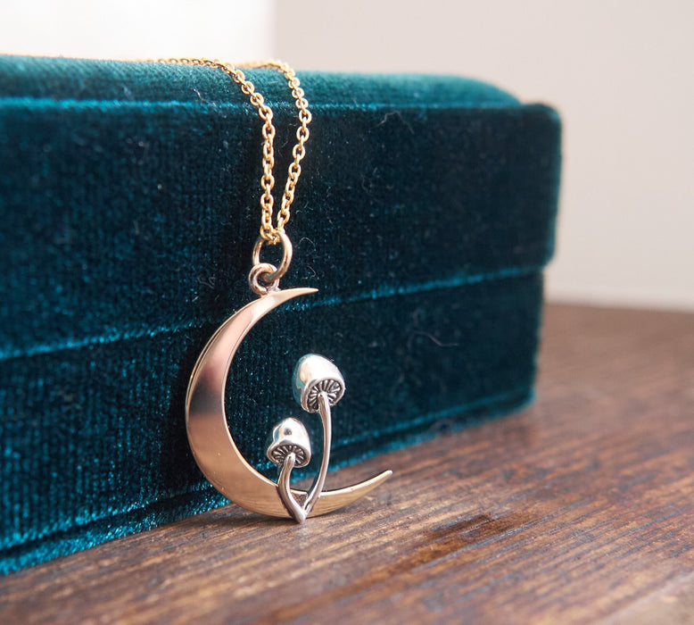 Forager Mushroom Moon Necklace – Sterling Silver & Bronze Pendant, 18" Gold Filled Chain, Handmade in Raleigh