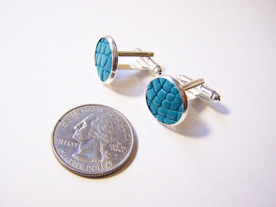 Aqua Recycled Caiman Leather Cuff Links – Silver Tone