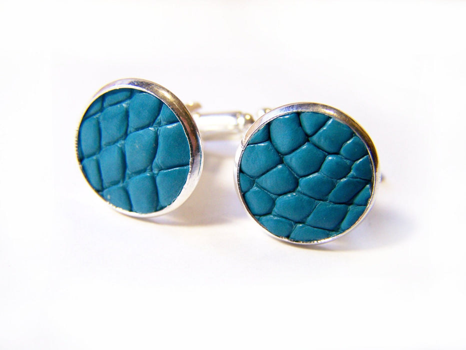 Aqua Recycled Caiman Leather Cuff Links – Silver Tone