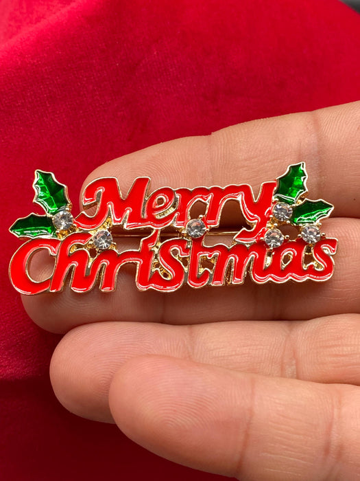 Merry Christmas Enamel Brooch Pin with Crystals & Holly – Festive Holiday Accessory