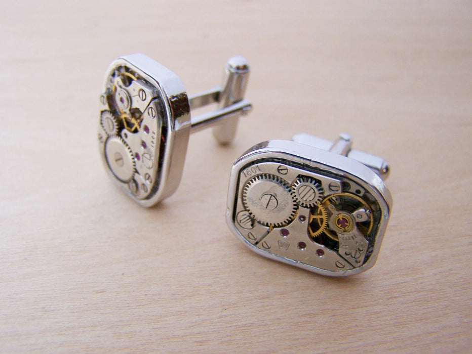 Heavy Duty Steampunk Clock Parts Cufflinks | Stainless Steel Watch Movement Cuff Links for Him