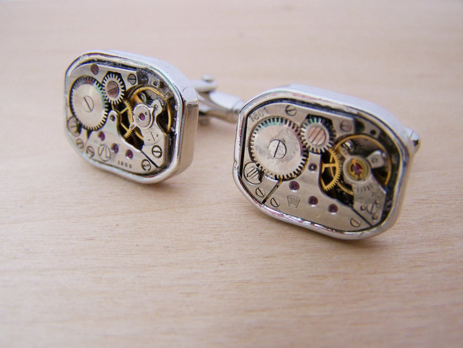 Heavy Duty Steampunk Clock Parts Cufflinks | Stainless Steel Watch Movement Cuff Links for Him