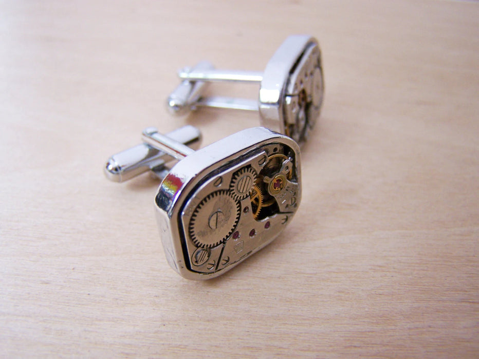 Heavy Duty Steampunk Clock Parts Cufflinks | Stainless Steel Watch Movement Cuff Links for Him