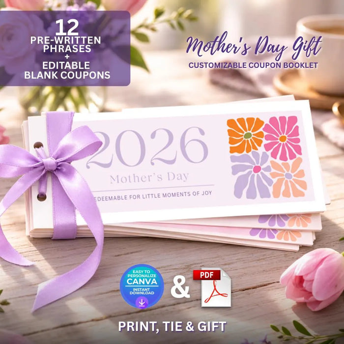 Elegant Mother’s Day Coupon Book Printable | 12 Prefilled + 6 Blank Coupons