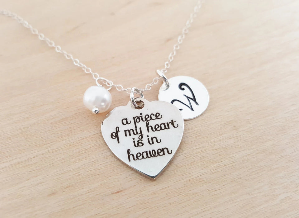 Personalized Memorial Necklace – 'A Piece of My Heart is in Heaven' Charm with Swarovski Birthstone & Initial | Sterling Silver Gift for Her