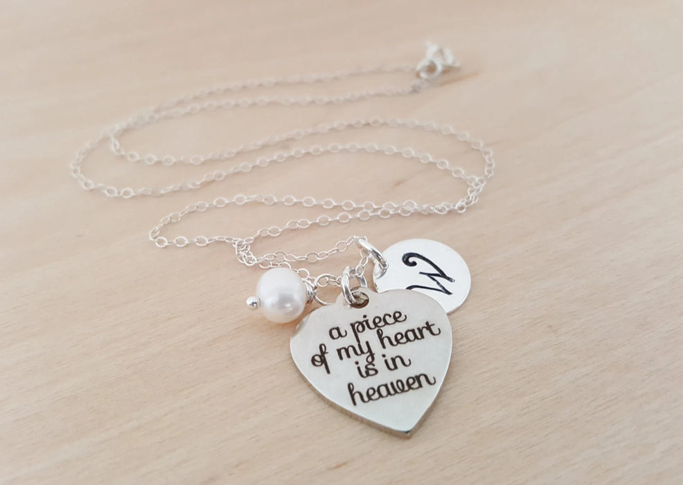 Personalized Memorial Necklace – 'A Piece of My Heart is in Heaven' Charm with Swarovski Birthstone & Initial | Sterling Silver Gift for Her