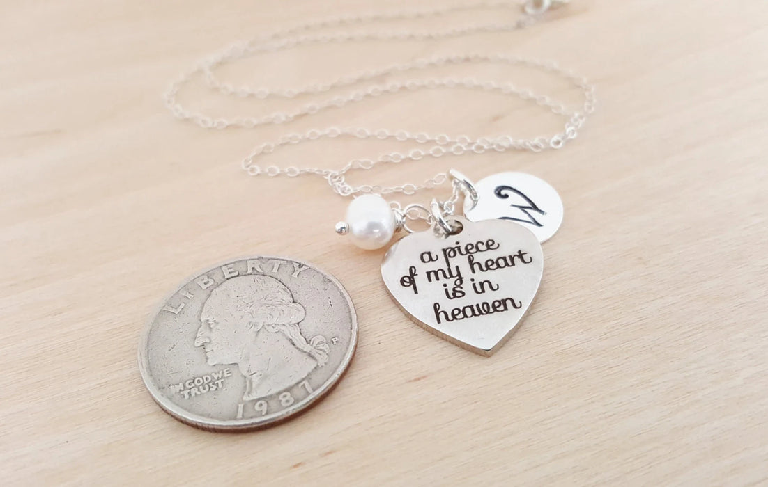 Personalized Memorial Necklace – 'A Piece of My Heart is in Heaven' Charm with Swarovski Birthstone & Initial | Sterling Silver Gift for Her