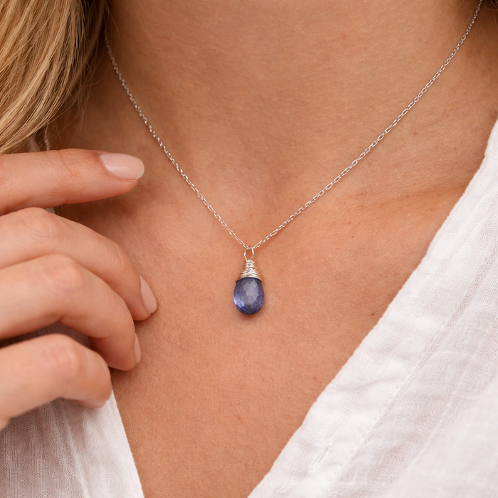 Dainty Iolite Briolette Necklace – Wire Wrapped Gemstone – Sterling Silver – Minimal Everyday Jewelry