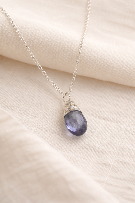 Dainty Iolite Briolette Necklace – Wire Wrapped Gemstone – Sterling Silver – Minimal Everyday Jewelry