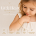Young girl wearing a gold bracelet with 'Little Heart' branding and product features listed.