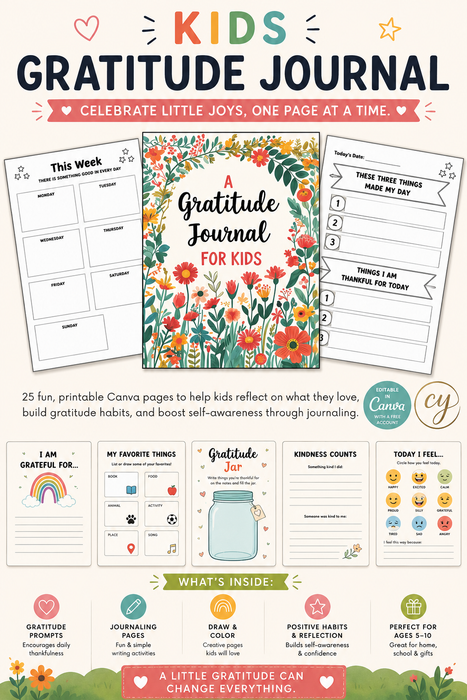 Kids Gratitude Journal – 25-Page Canva Template with Prompts & Reviews