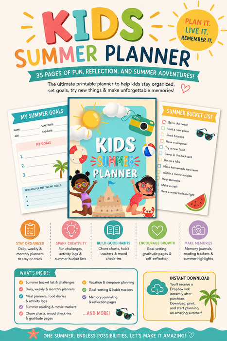 Kids Summer Planner – 35 Page Printable PDF – Summer Activities, Goals & Journals for Kids (Instant Download)