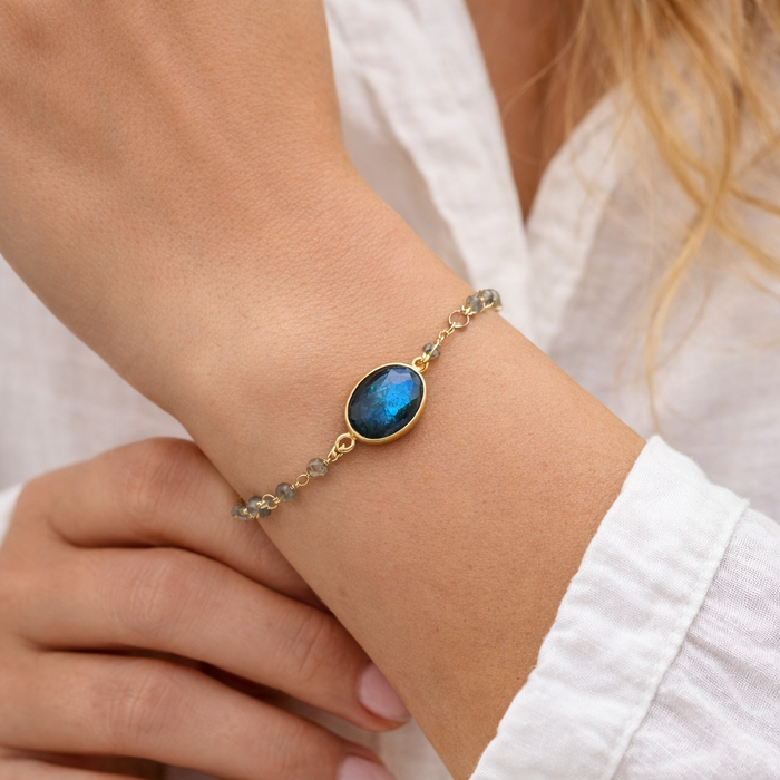 Labradorite Rosary Chain Bracelet – Gold Filled – Bezel Gemstone Center – Wire Wrapped Gemstone Bracelet