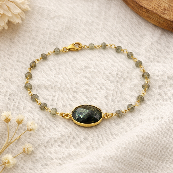 Labradorite Rosary Chain Bracelet – Gold Filled – Bezel Gemstone Center – Wire Wrapped Gemstone Bracelet