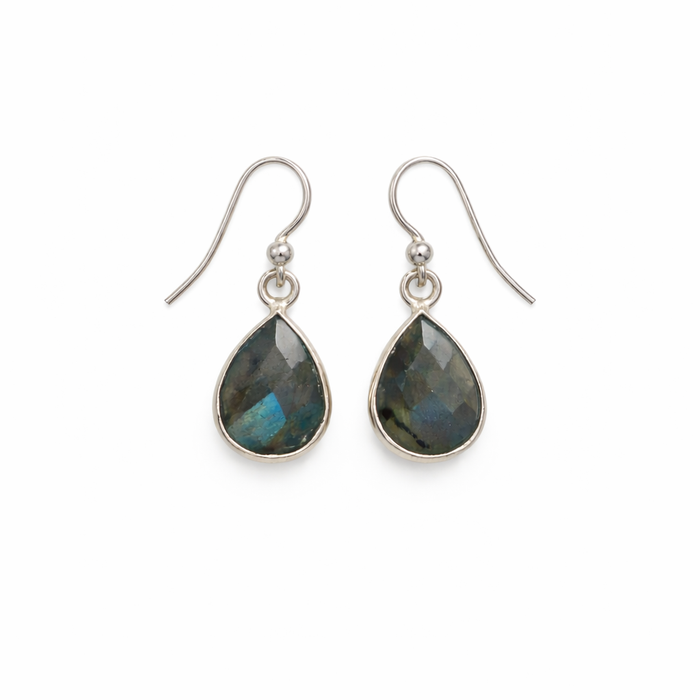 Dainty Labradorite Drop Earrings – Sterling Silver – Faceted Teardrop Gemstone – Minimal Everyday Jewelry