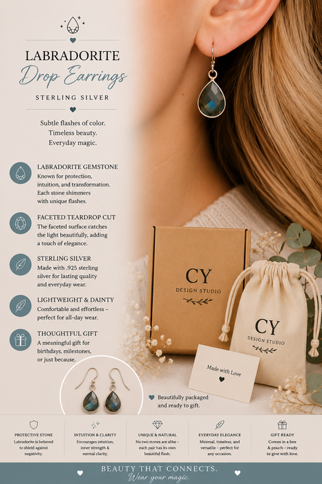 Dainty Labradorite Drop Earrings – Sterling Silver