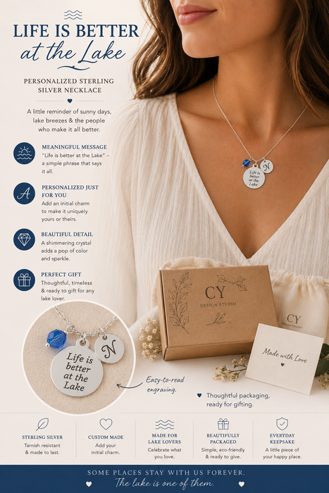 Life is Better at the Lake Charm Necklace - Personalized Sterling Silver Jewelry