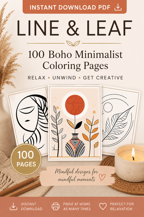 Line & Leaf – 100 Boho Minimalist Coloring Pages (Instant Download PDF)